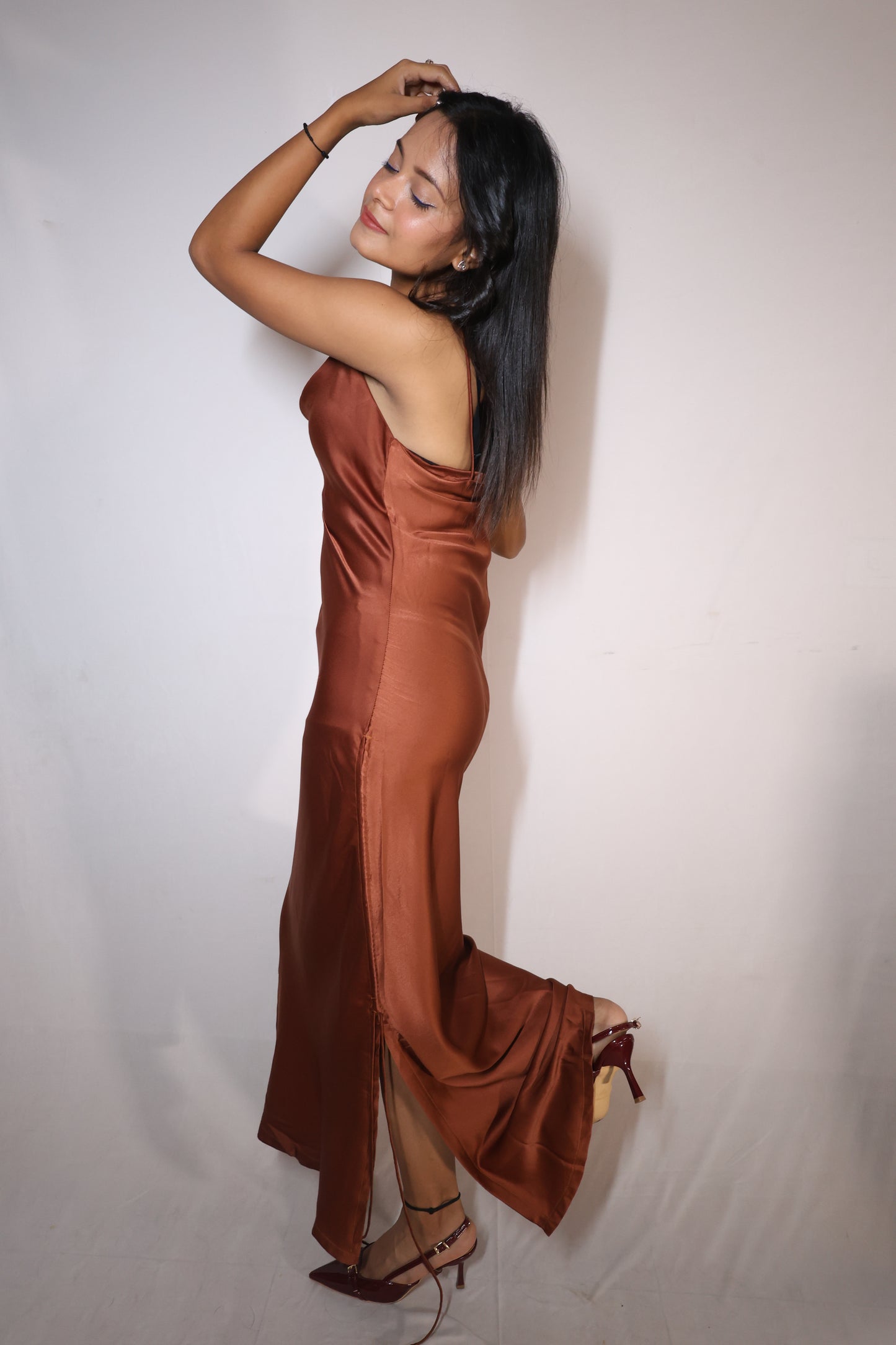 Satin Spice Slip Dress - Rust Brown