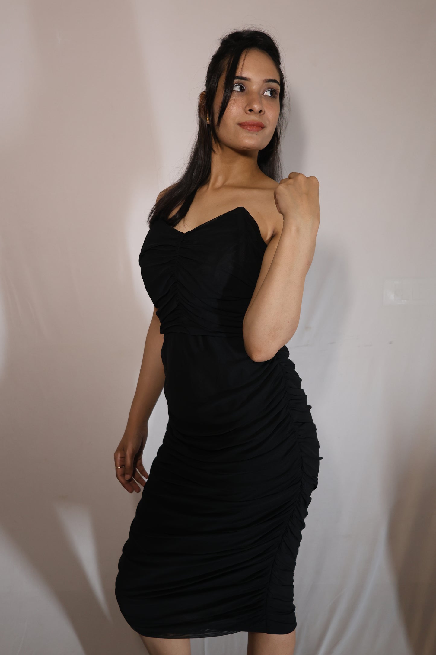 Midnight Charm Ruched Bodycon Dress - Black