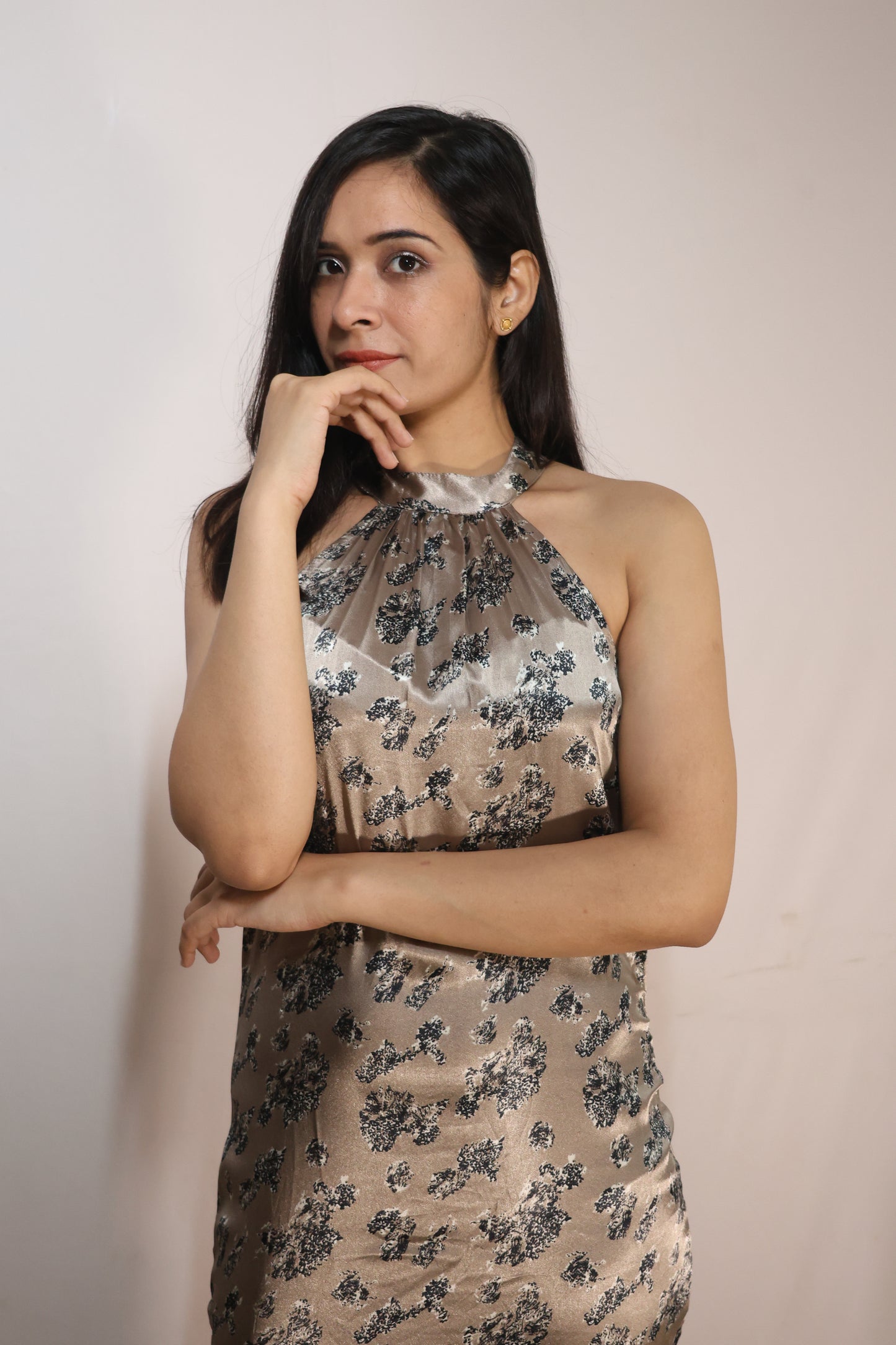 Champagne Bloom Halter Dress with Fringe Hem