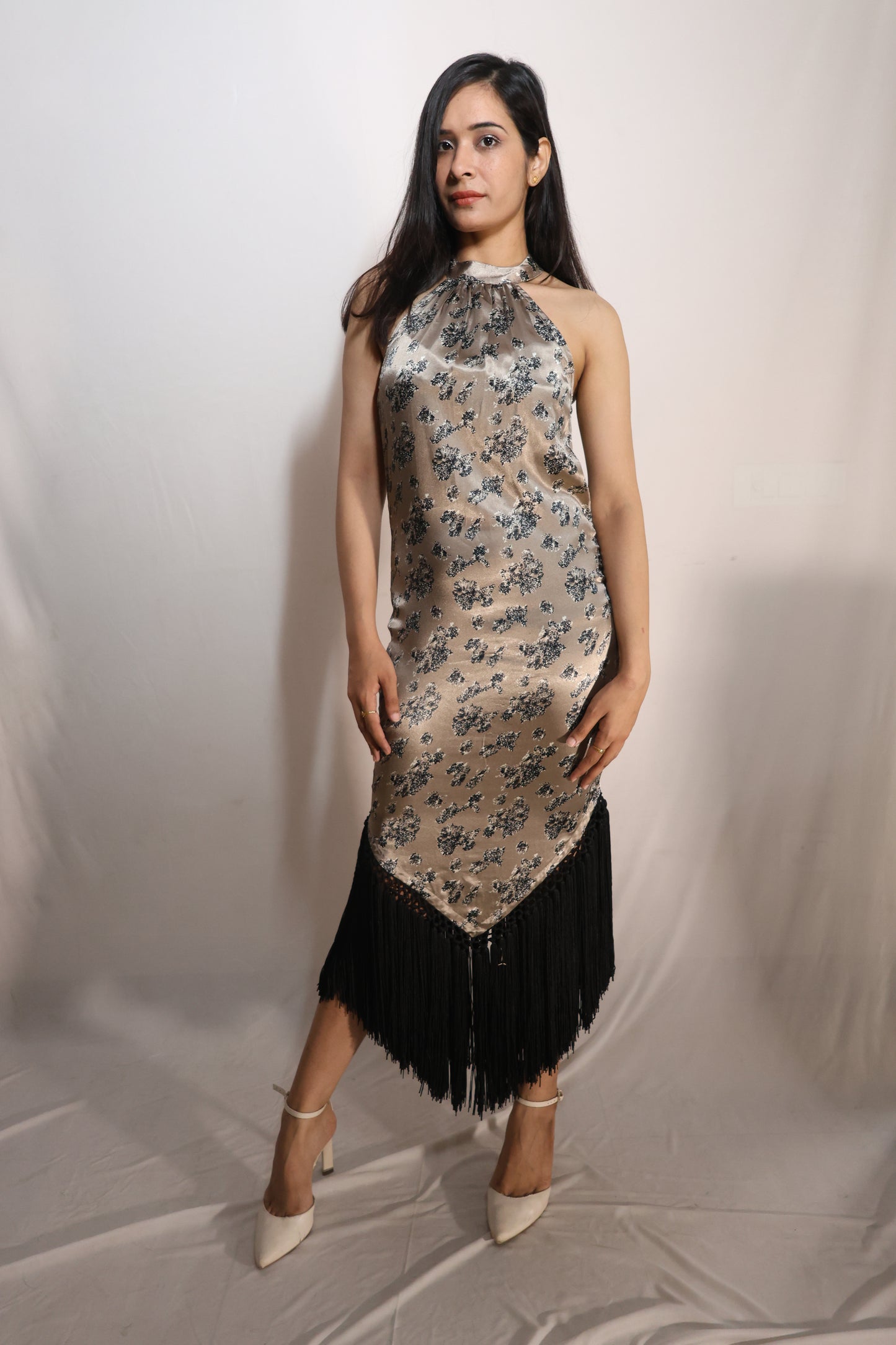 Champagne Bloom Halter Dress with Fringe Hem
