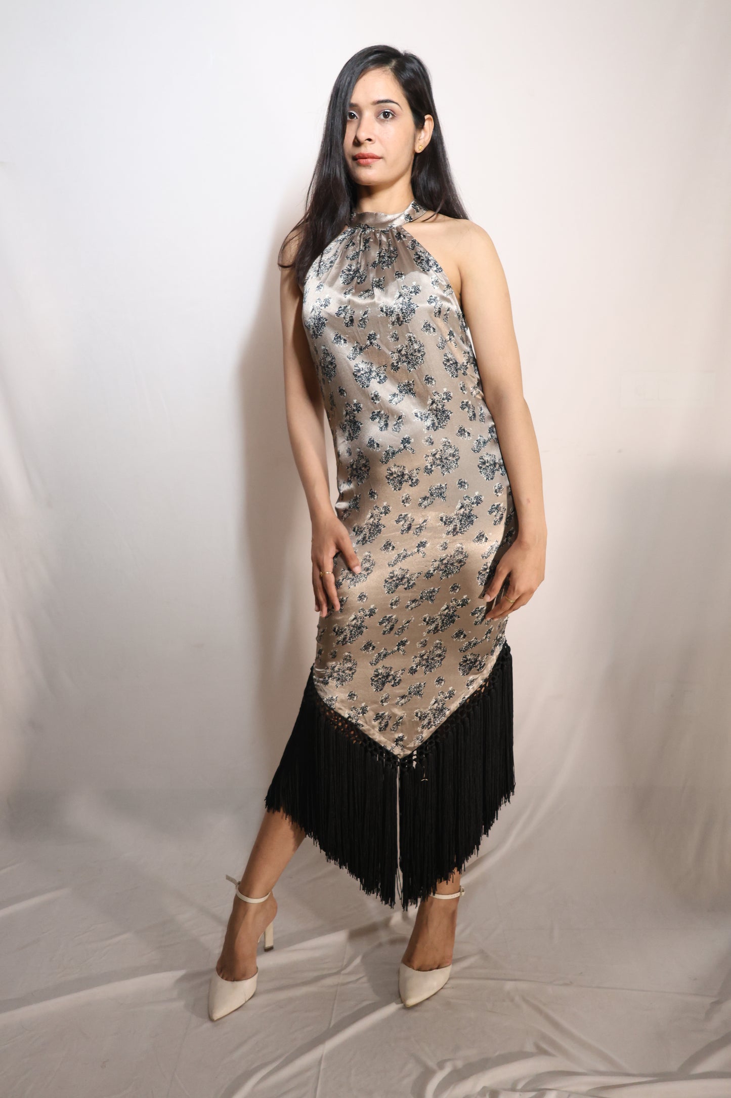 Champagne Bloom Halter Dress with Fringe Hem