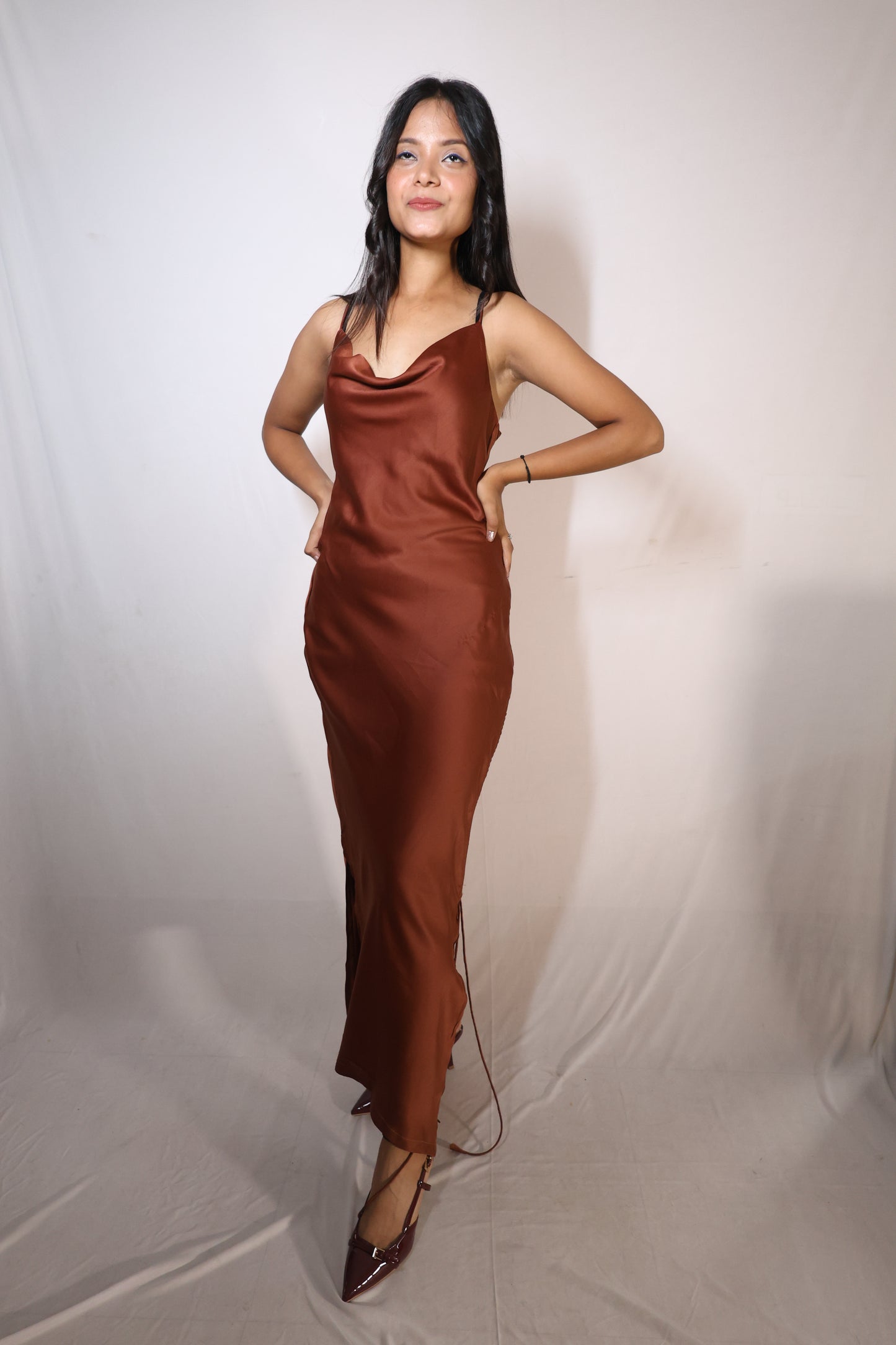 Satin Spice Slip Dress - Rust Brown
