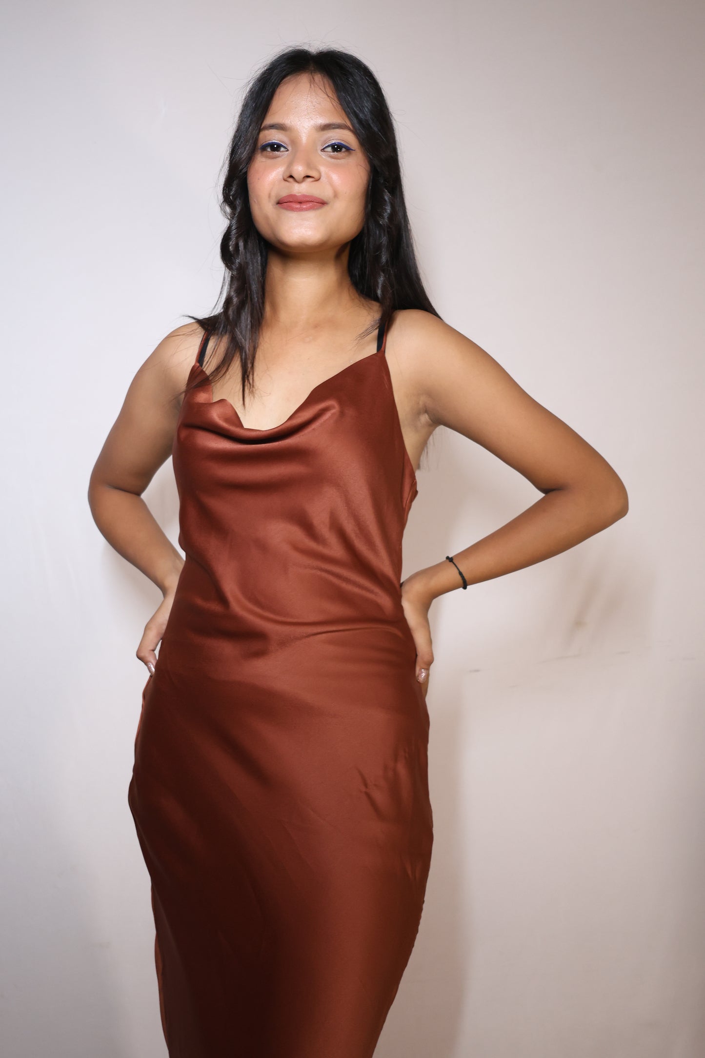 Satin Spice Slip Dress - Rust Brown