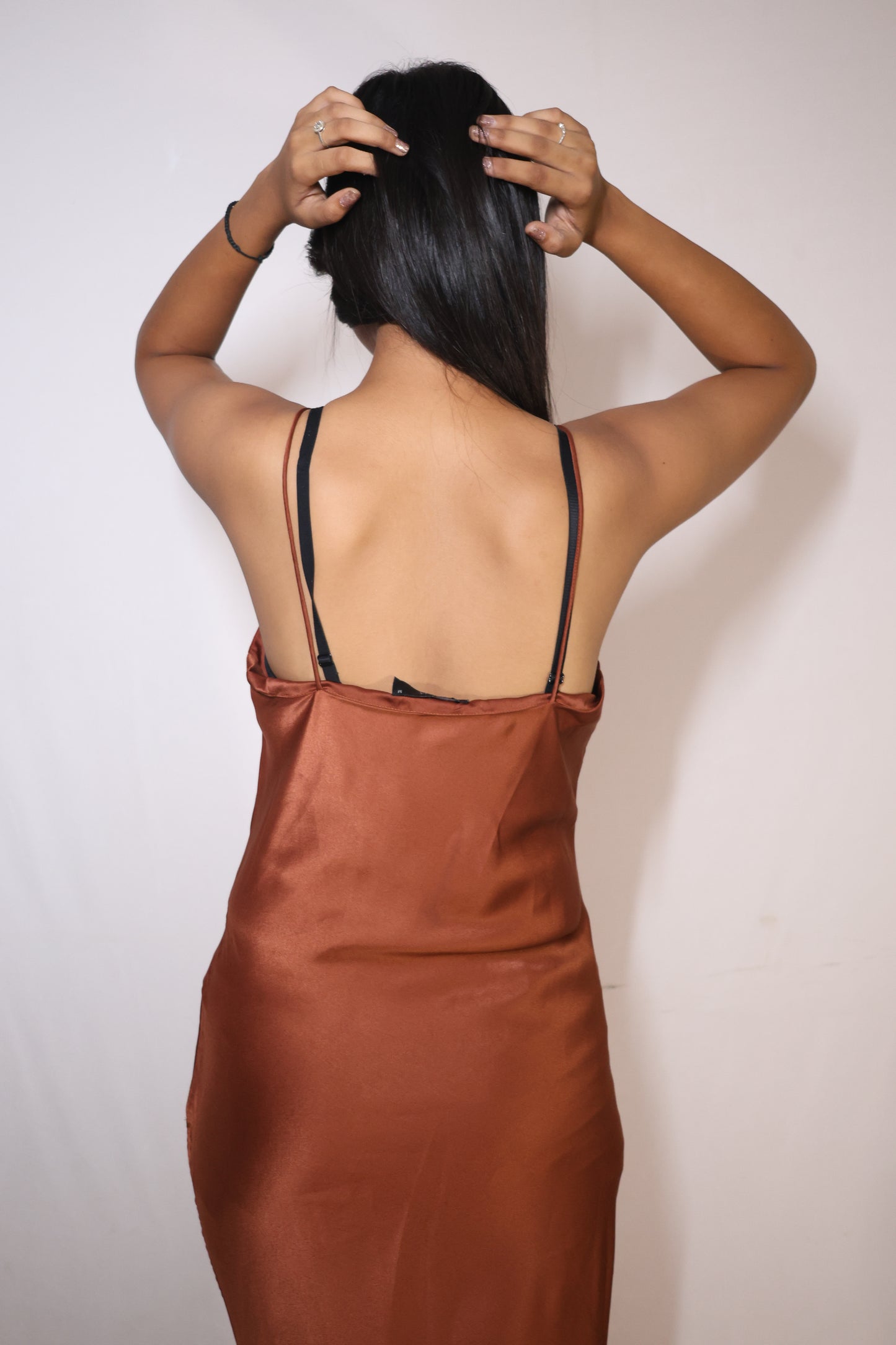 Satin Spice Slip Dress - Rust Brown